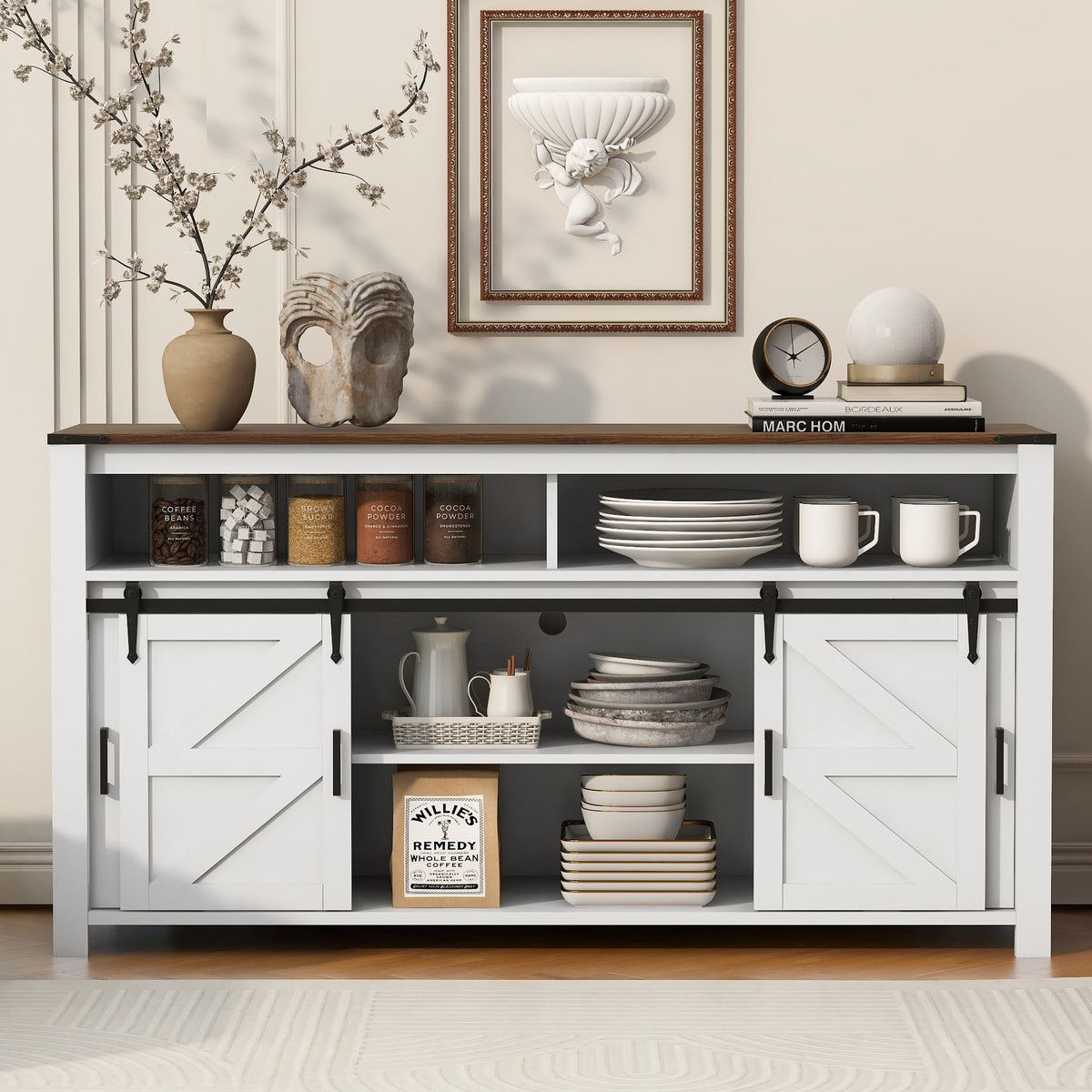 variant-group:rf-n711p347388k|Roomfitters 59.3" Sideboard Buffet Cabinet with Sliding Barn Doors, Modern Farmhouse Storage for Kitchen & Dining, Brown+White