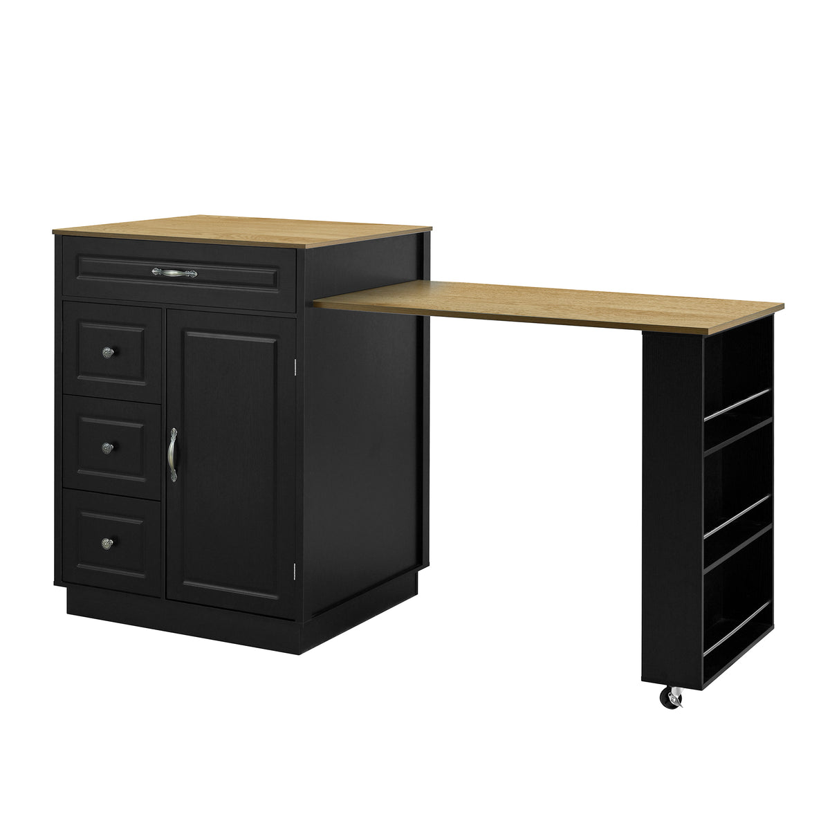 variant-group:rf-n711wy000493aab|Roomfitters Black and Natural Wood MDF Extendable Bar Cabinet, Rolling Kitchen Island Table, Wine Rack Storage