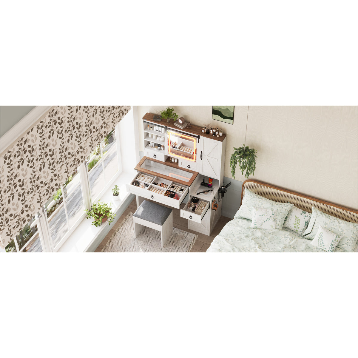 variant-group:rf-n733p340562k|Roomfitters Farmhouse Vanity Desk with Sliding Mirror & Lights, Glass Top, Charging Station, 4 Drawers, 2 Cabinets, Stool, White