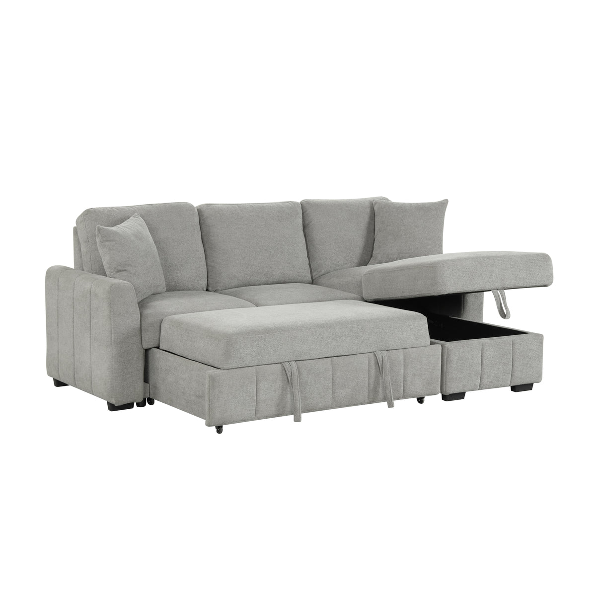 variant-group:rf-n711wy000467aae|Roomfitters 90" L-Shaped Sectional Sleeper Sofa with Storage Chaise and Pull Out Bed, Fold Down Cup Holder Table, Grey