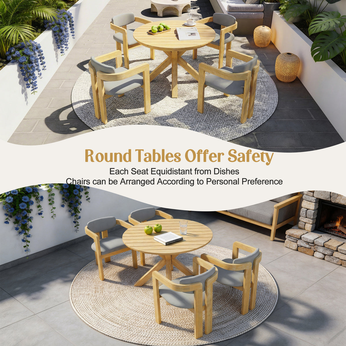 variant-group:rf-n704g201258l|Roomfitters 5-Piece Outdoor Acacia Wood Round Dining Set with Ergonomic Barrel Armchairs Gray Cushions