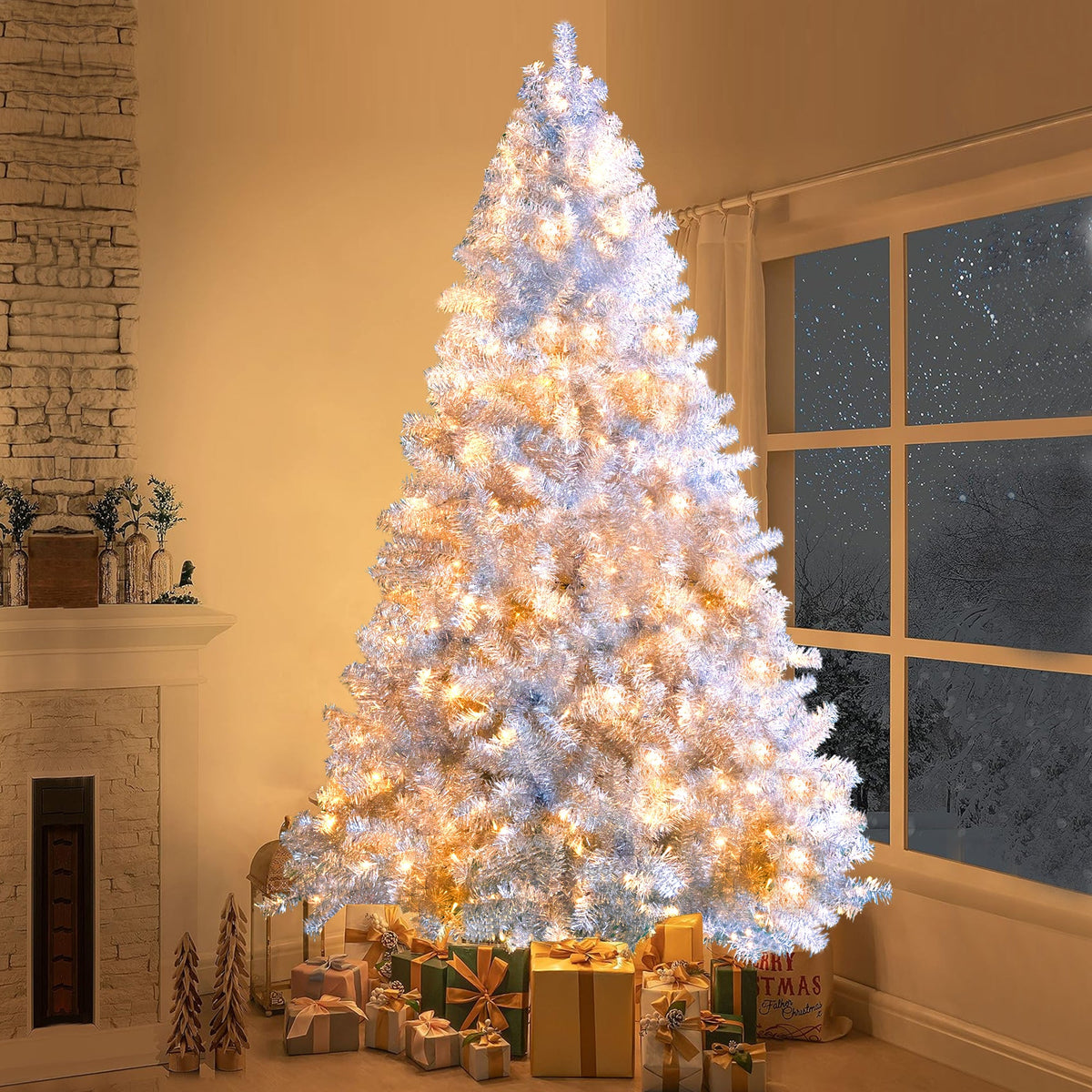 Roomfitters Pre-Lit Artificial Christmas Tree 7.4FT, Full Hinged Holiday Tree with Metal Stand, Warm Lights, 1200 Tips, Silver Roomfitters