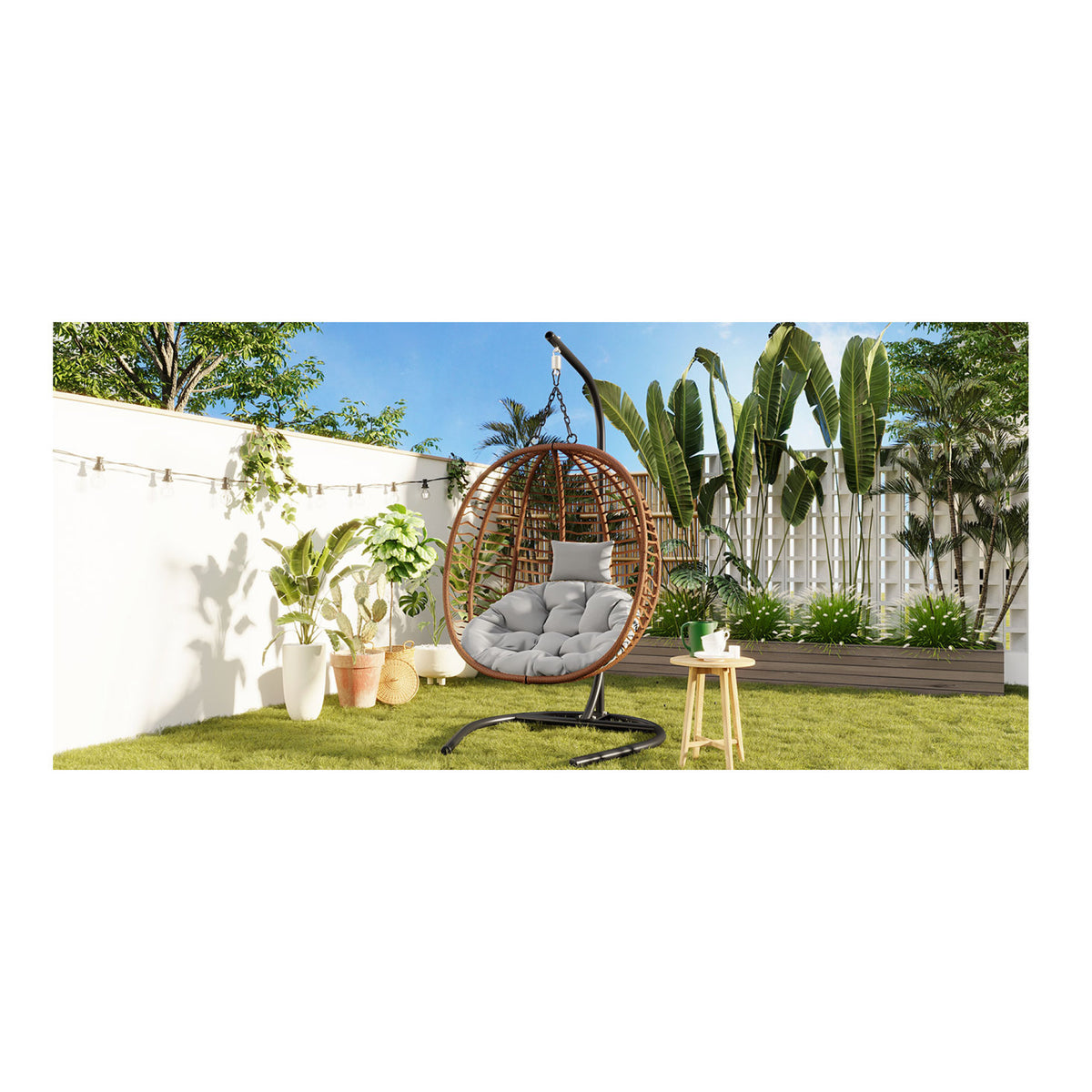 variant-group:rf-n711p389503g|Roomfitters Single Person Folding Egg Chair with Stand, UV Resistant Wicker Rattan Swing for Patio, Garden, Brown+Gray