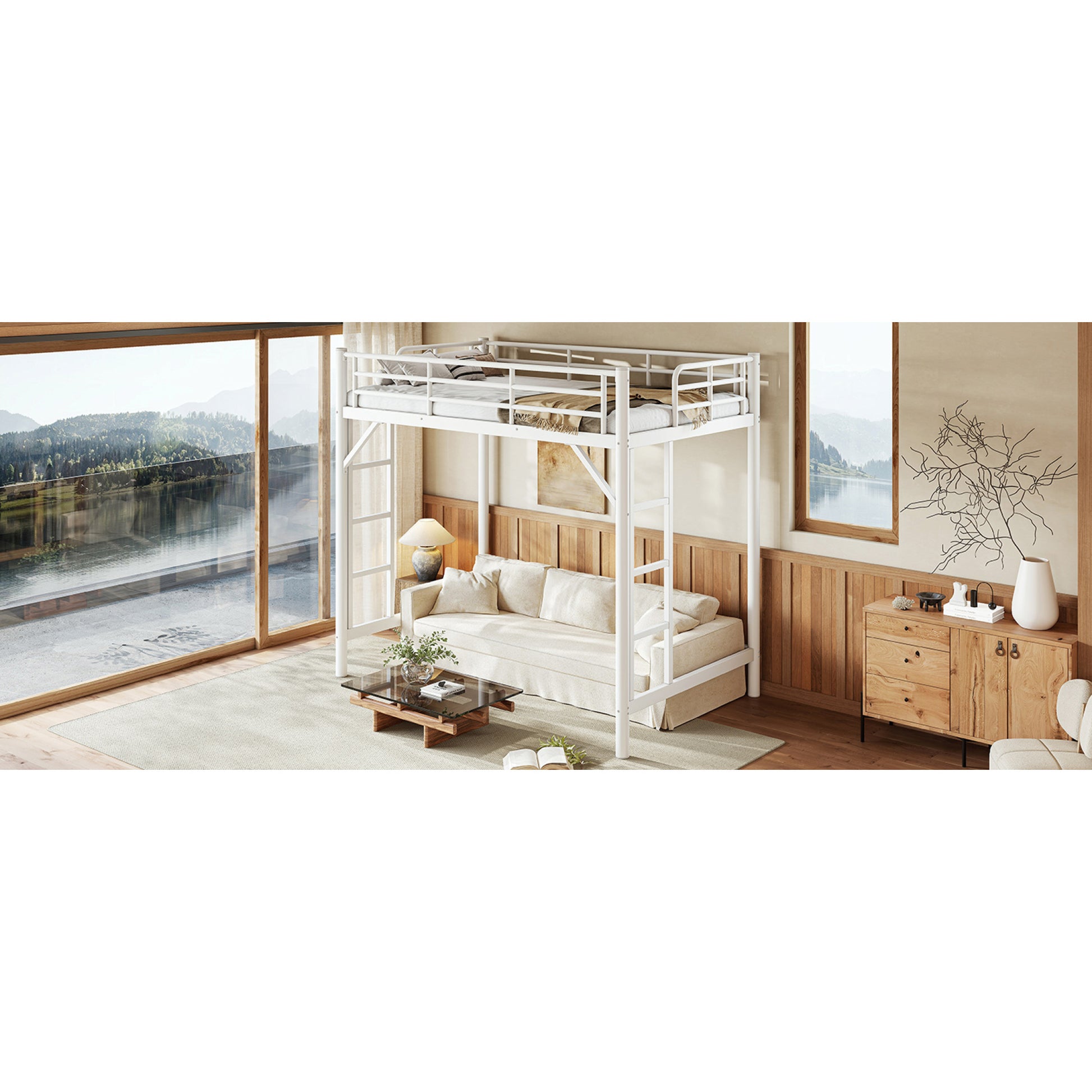 variant-group:rf-w1580p455012|Roomfitters Twin Size Metal Loft Bed Frame with Guardrails, Heavy Duty Space Saving High Loft Bed Dual Ladders, White