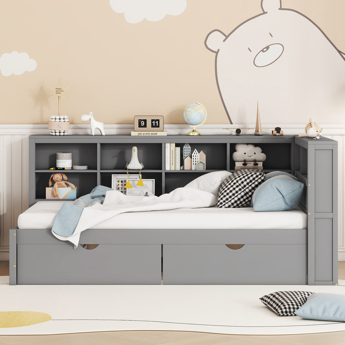 variant-group:rf-n733s347768e|Roomfitters Wooden Twin Daybed with Underbed Storage, Built-In Shelf & USB Charging Ports, Gray