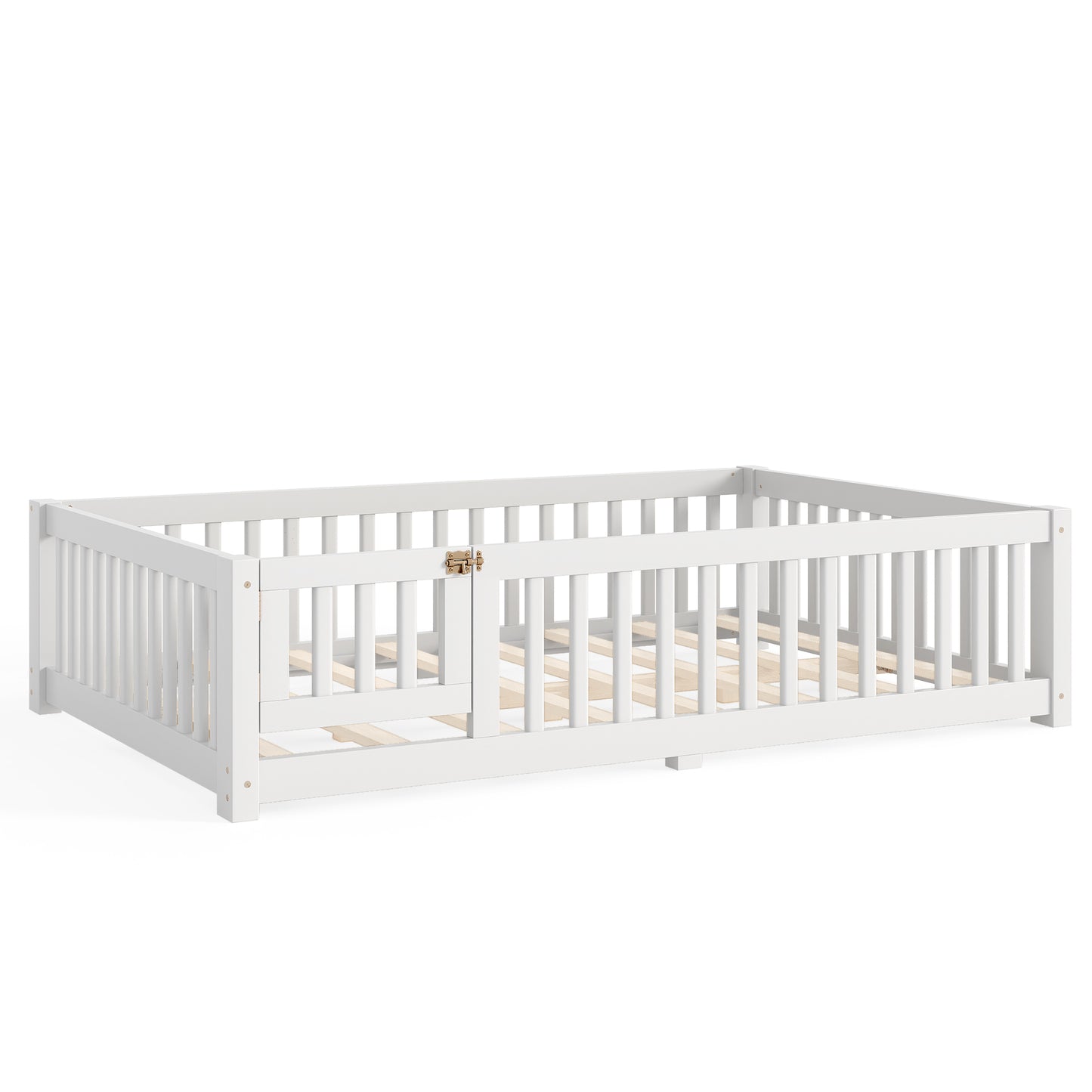 variant-group:rf-w1580p462317|Roomfitters Full Size Wooden Floor Bed Frame with Safety Guardrails Door, Solid Wood Low Profile Toddler Play Bed, White