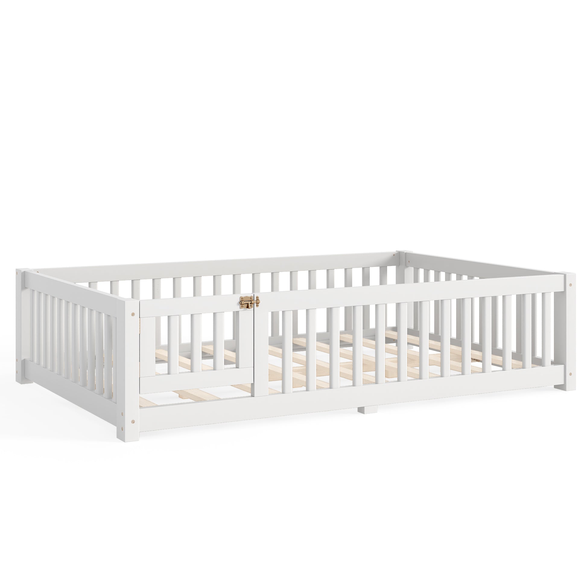 variant-group:rf-w1580p462317|Roomfitters Full Size Wooden Floor Bed Frame with Safety Guardrails Door, Solid Wood Low Profile Toddler Play Bed, White