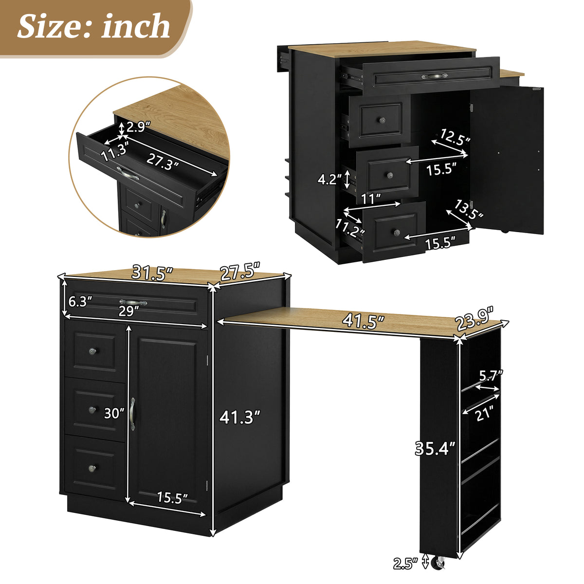 variant-group:rf-n711wy000493aab|Roomfitters Black and Natural Wood MDF Extendable Bar Cabinet, Rolling Kitchen Island Table, Wine Rack Storage