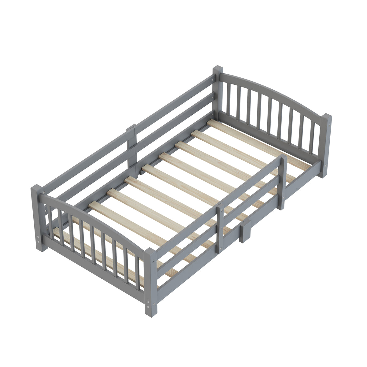 variant-group:rf-n733p400298e|Roomfitters Twin Montessori Floor Bed with Guardrails, Solid Wood Low Platform Bed with Slats, Easy Assembly, Gray