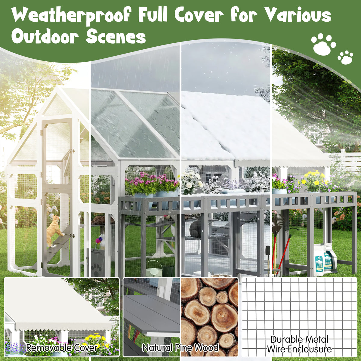 variant-group:rf-n704g201619k|Roomfitters Large Outdoor Cat House with Detachable Planter Stand and Scratching Posts Gray & White