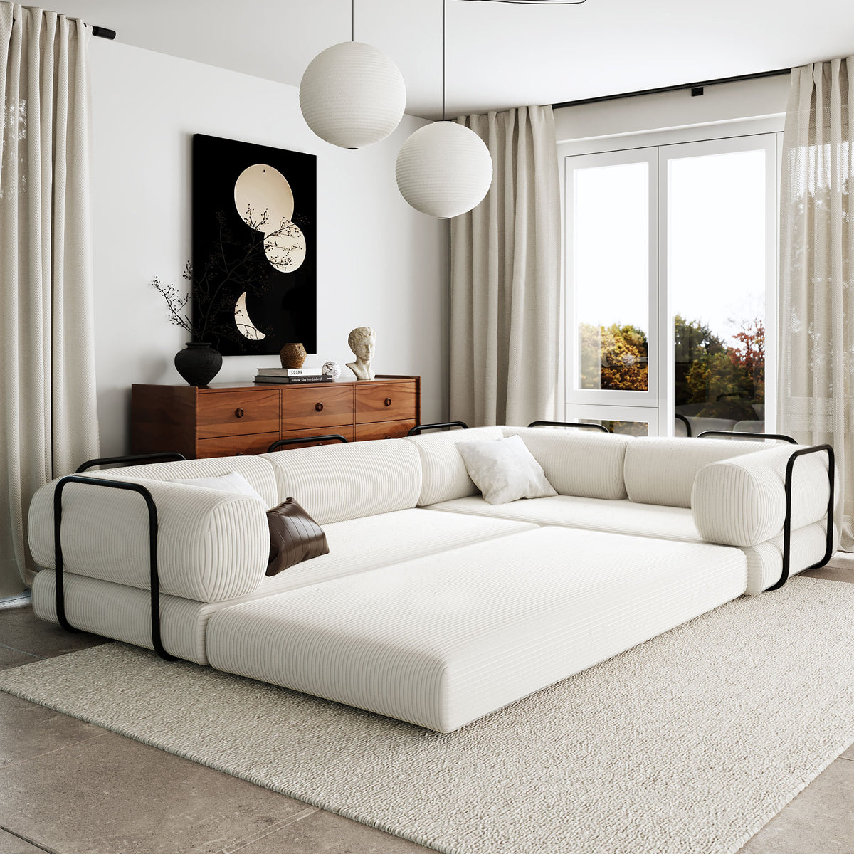 variant-group:rf-n711wy000463aaa|Roomfitters Modern L-Shaped Modular Sofa Bed, Corduroy Convertible Sleeper Sectional Couch with Industrial Metal Frame, Beige