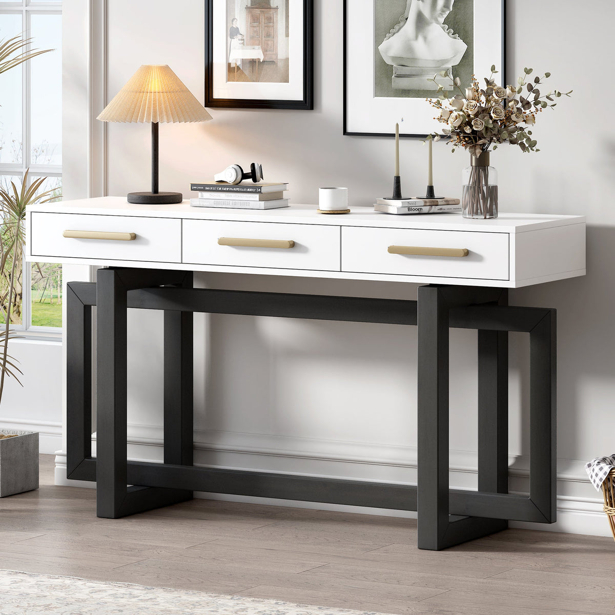 Roomfitters Elegant Console Table with Three Drawers, Extra Long Entryway Table for Entryway, Hallway, Living Room, Grey+White Roomfitters