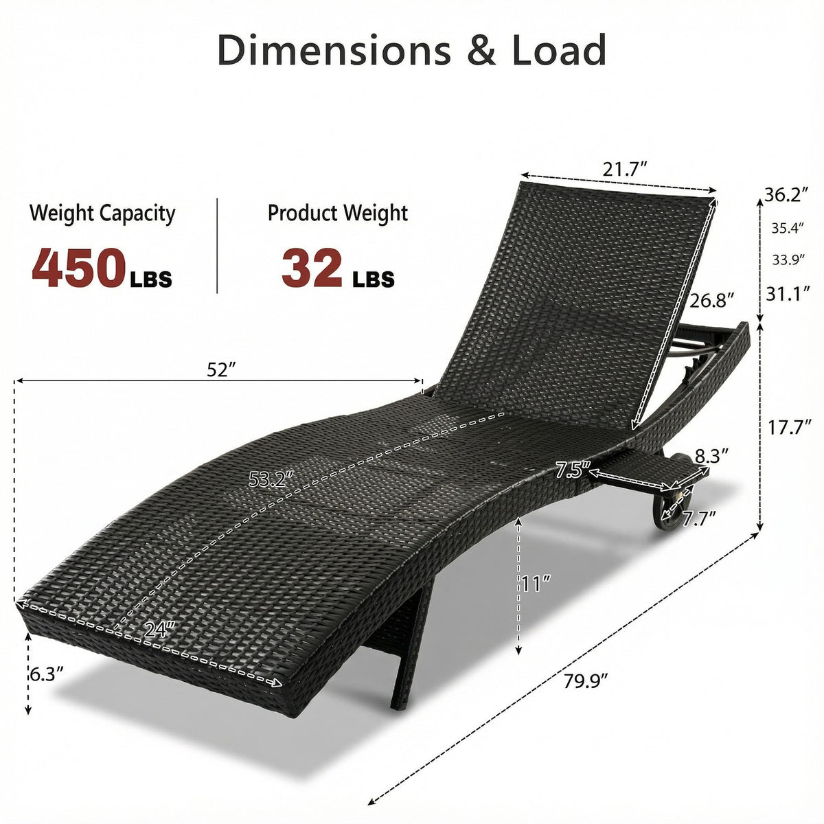 variant-group:rf-n707p395515d|Roomfitters 80"W Patio Chaise Lounge Chairs Set of 2 with Wheels, Folding Table, Adjustable Rattan Loungers, Black & Brown