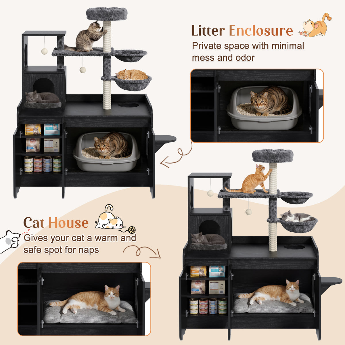 variant-group:rf-n704p443505b|Roomfitters All-in-One Modern Multi-Level Cat Tree Tower Condo with Hidden Litter Box Enclosure Space Black
