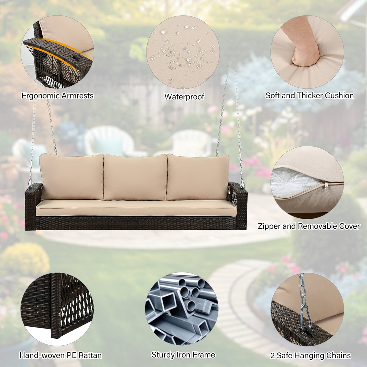 Roomfitters 69" PE Wicker 3-Person Porch Swing, Large Patio Swing Bench with Chains & Cushions, Backyard & Garden, Brown Roomfitters