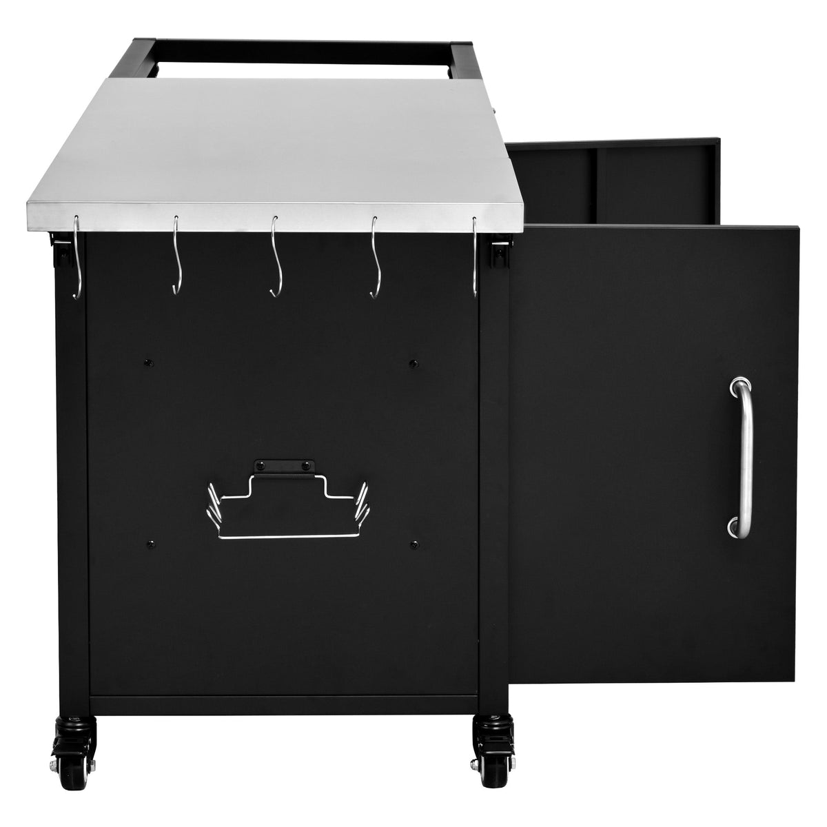 Roomfitters 76.6" Grill Cart with Stainless Steel Top and Kamado Nest, Folding Drop Leaf Prep Station, Mobile Cabinet, Black