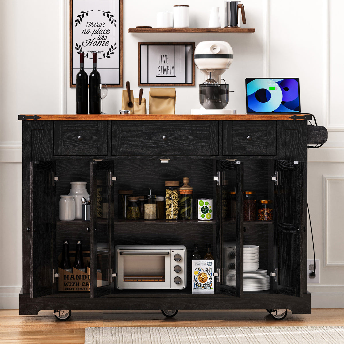 variant-group:rf-n707p263637b|Roomfitters 53" Rolling Kitchen Island with Drop Leaf, Mobile Cart with Glass Doors, 5 Side Shelves & Power Outlets, Black