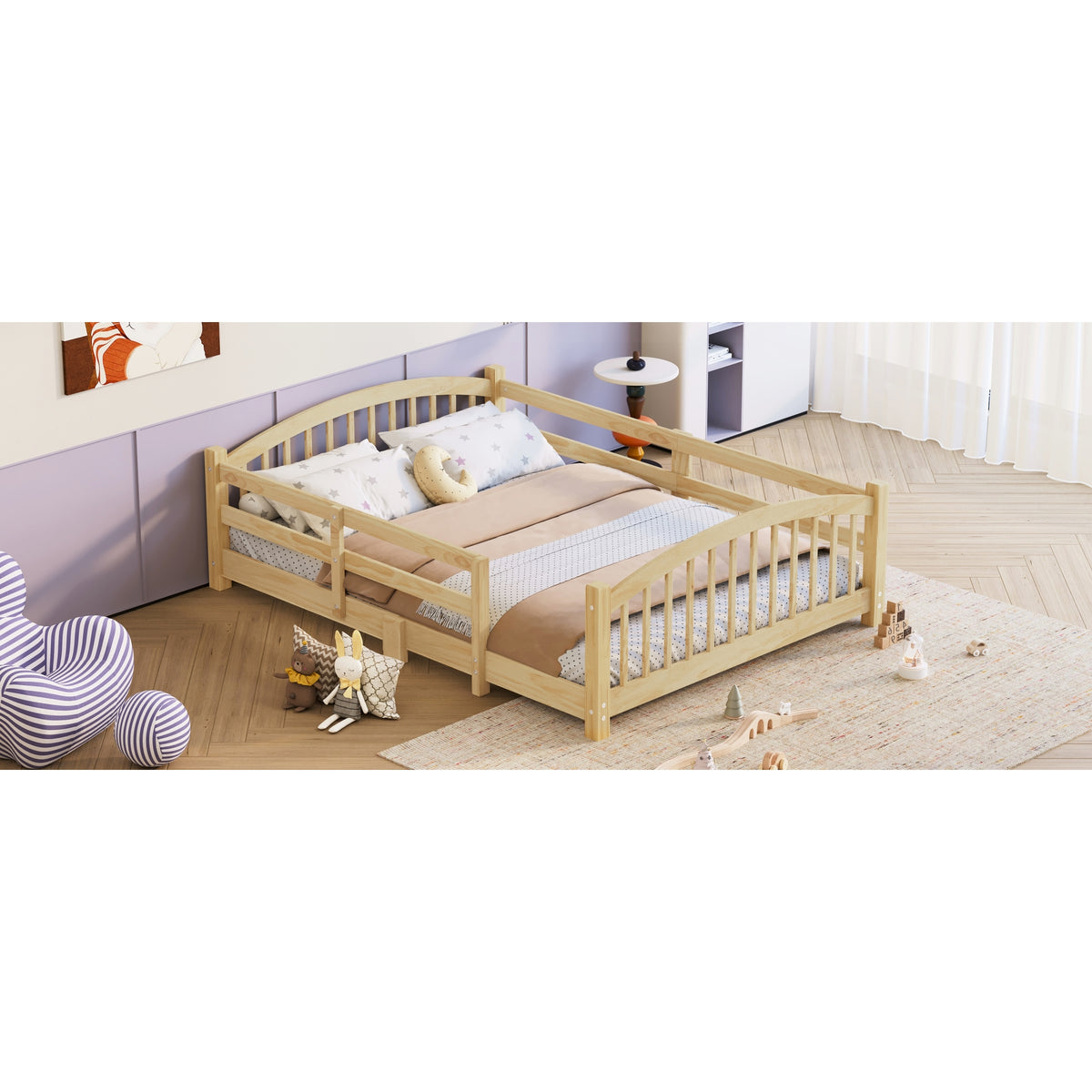 variant-group:rf-n733p400299n|Roomfitters Full Montessori Floor Bed with Guardrails, Solid Wood Low Platform Bed with Slats, Easy Assembly, Natural