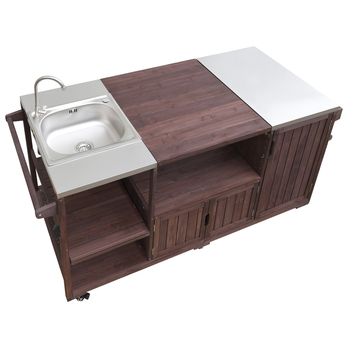 variant-group:rf-n707s000022z|Roomfitters 75.4" Outdoor Kitchen Island with Sink, Fir Wood Grill Cart for XL Green Egg & Tabletop Grills, Brown