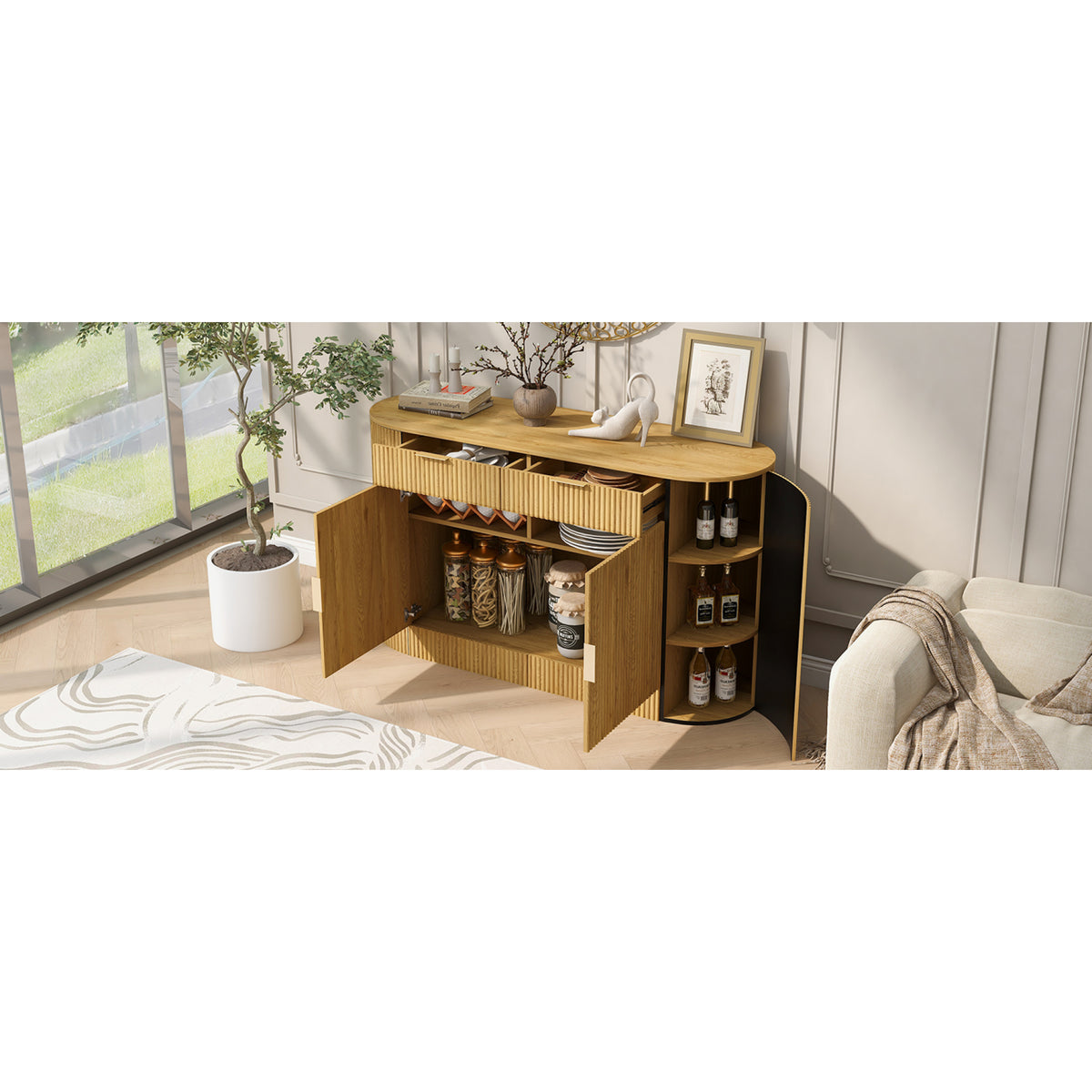 variant-group:rf-n711p345168o|Roomfitters 55.1" Oval Sideboard Buffet Cabinet with 2 Drawers & Wine Rack, Mid-century Modern Fluted Accent for Dining, Natural