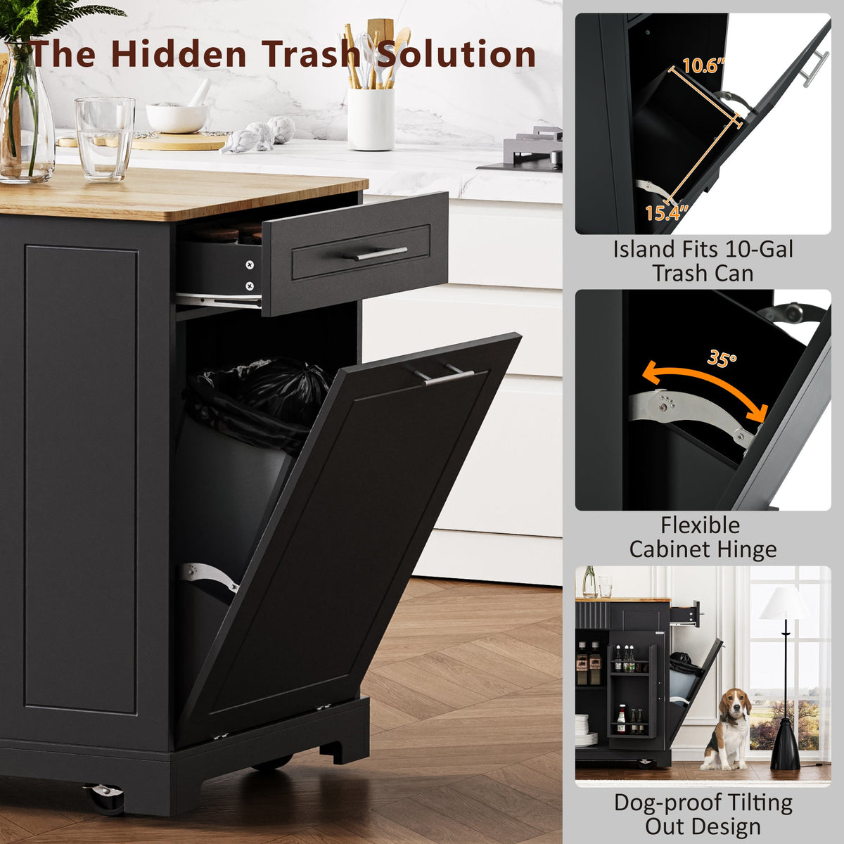 Roomfitters 48" Rolling Kitchen Island with Tilt-Out Trash Can Cabinet, Mobile Cart with Power Outlets, Fluted Drawers, White