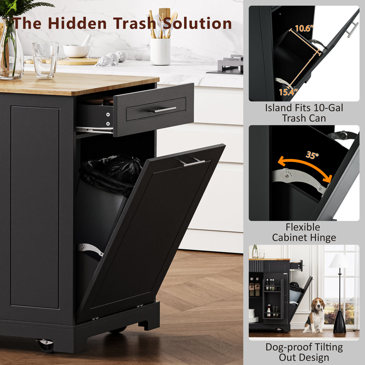 variant-group:rf-n707s221571b|Roomfitters Kitchen Island with Tilt Out Trash Can and Power Outlet, Fluted Storage Cabinet on Wheels, Black