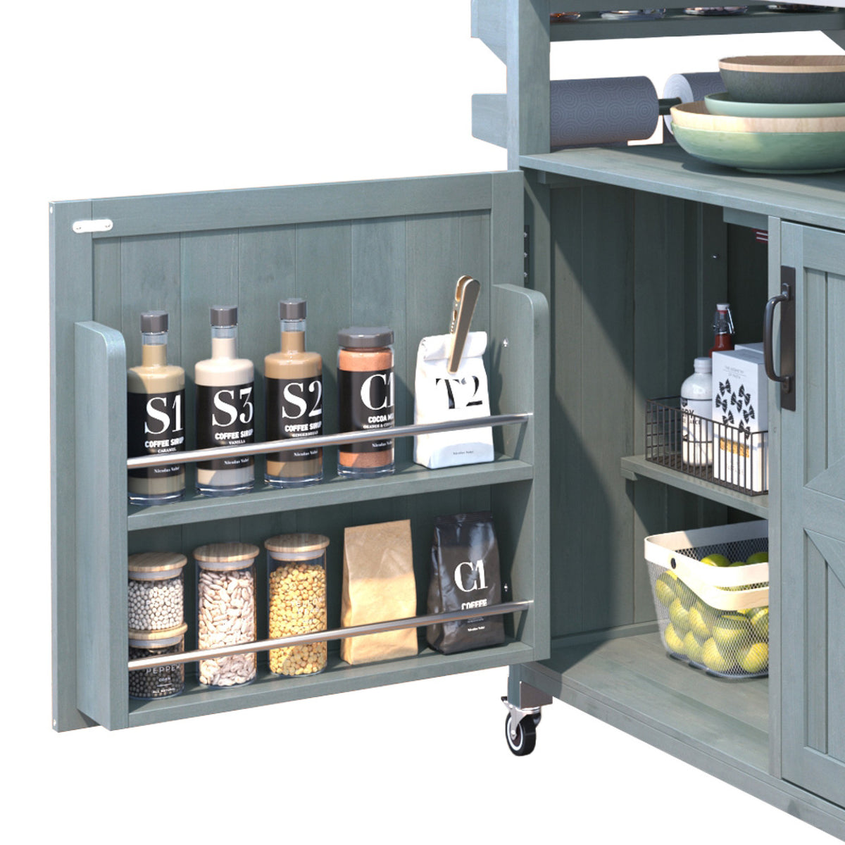 variant-group:rf-n707p250628g|Roomfitters 53.3" Outdoor Kitchen Island with Raised Shelf, Wood Storage Cabinet, Stainless Steel Top, Rolling Grill Cart, Grey Blue