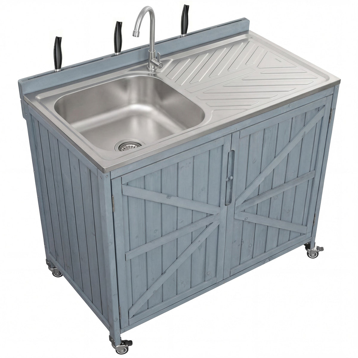 variant-group:rf-n707p370281g|Roomfitters 39.4" Outdoor Grill Cart with Stainless Steel Top, Prep Station with Sink and Storage Cabinet, Grey+Blue