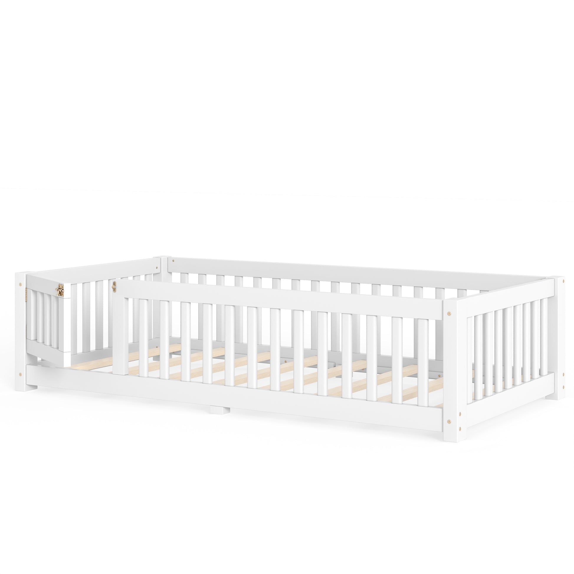 variant-group:rf-w1580p462311|Roomfitters Twin Size Wooden Floor Bed Frame with Safety Guardrails Door, Solid Wood Low Profile Toddler Play Bed, White