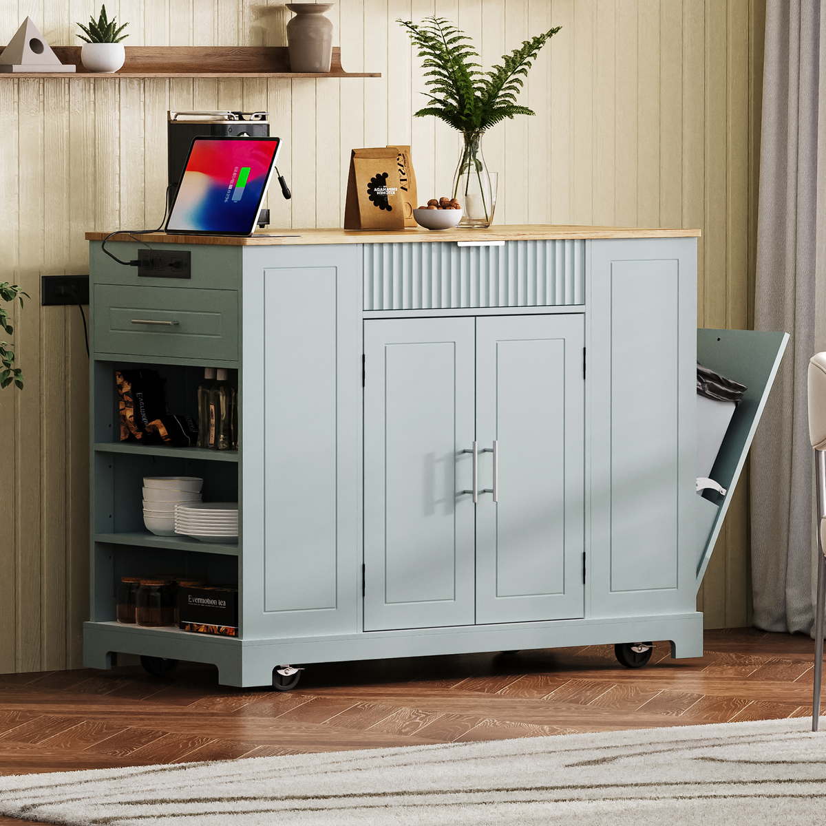 variant-group:rf-n707p221571g|Roomfitters Fluted Kitchen Island with Trash Can Cabinet, Power Outlet, Storage Rack, Rolling Cart with Open Side Racks, Grey Blue