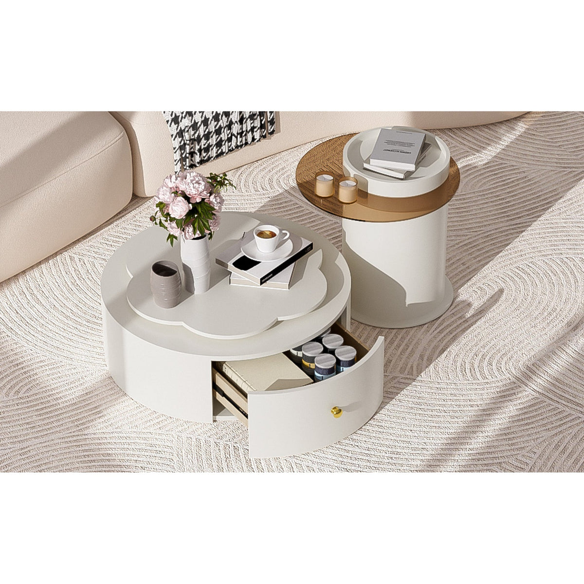 Roomfitters Rotatable Round Coffee Table Set of 2 with Flower-Shaped Top and Glass End Table, Off White Roomfitters