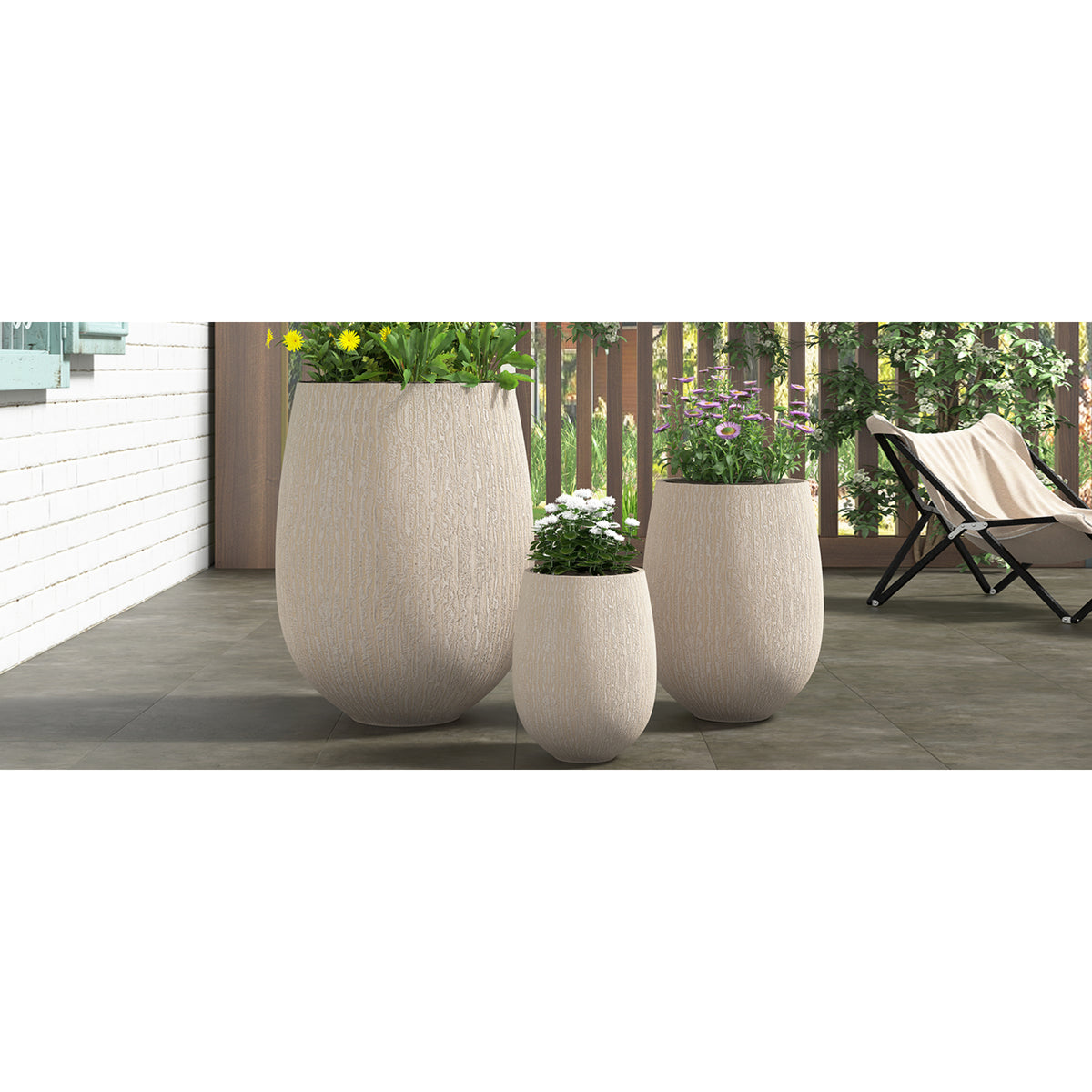 variant-group:rf-n711p406659a|Roomfitters Modern Egg-Shaped MGO Planter Set, 3-Piece Textured Faux Stone Flower Pots, Beige Patio Garden Urns