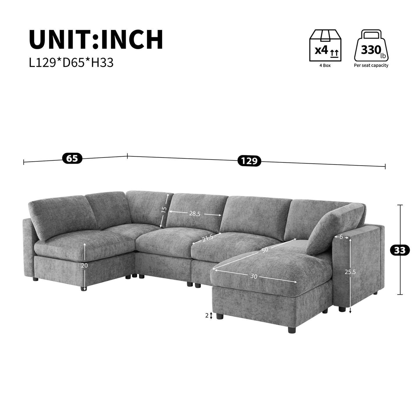 variant-group:rf-n723s9792g|Roomfitters 129 Inch Oversized U-Shaped Modular Sectional Sofa, Large Upholstered Living Room Seating Couch Furniture, Gray
