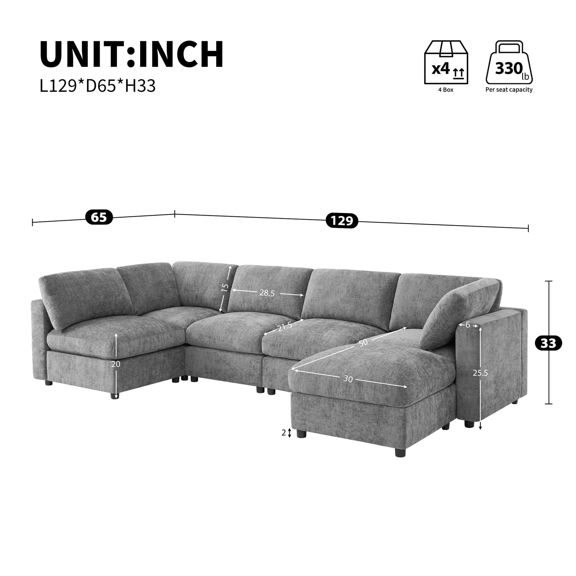 variant-group:rf-n723s9792g|Roomfitters 129 Inch Oversized U-Shaped Modular Sectional Sofa, Large Upholstered Living Room Seating Couch Furniture, Gray