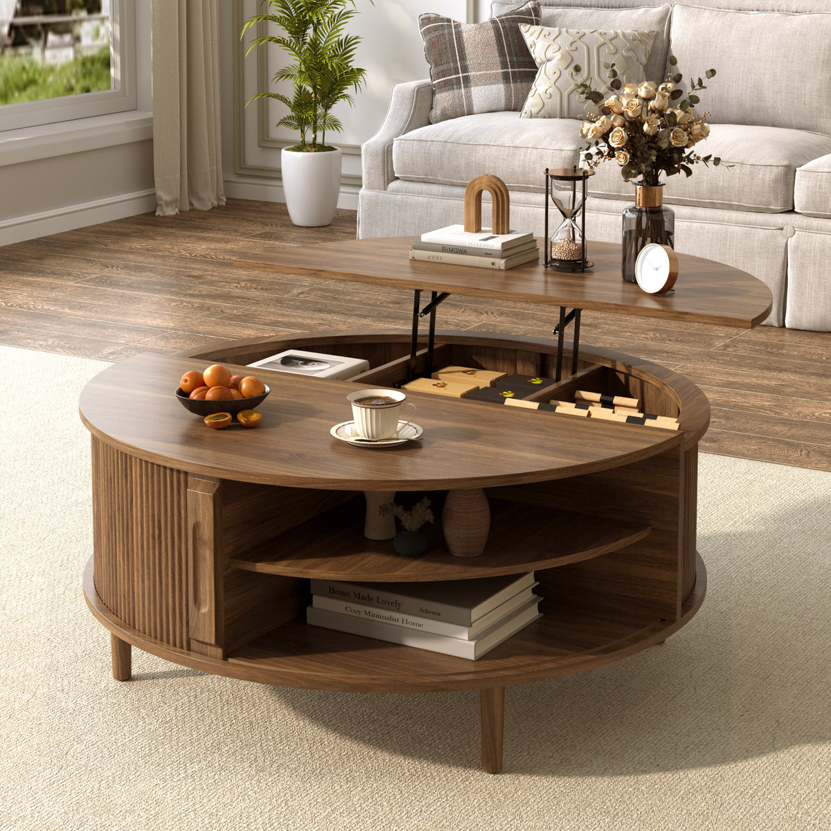 variant-group:rf-n724p416053m|Roomfitters Minimalist Round Lift-Top Coffee Table with Side Sliding Door, Antique Brown