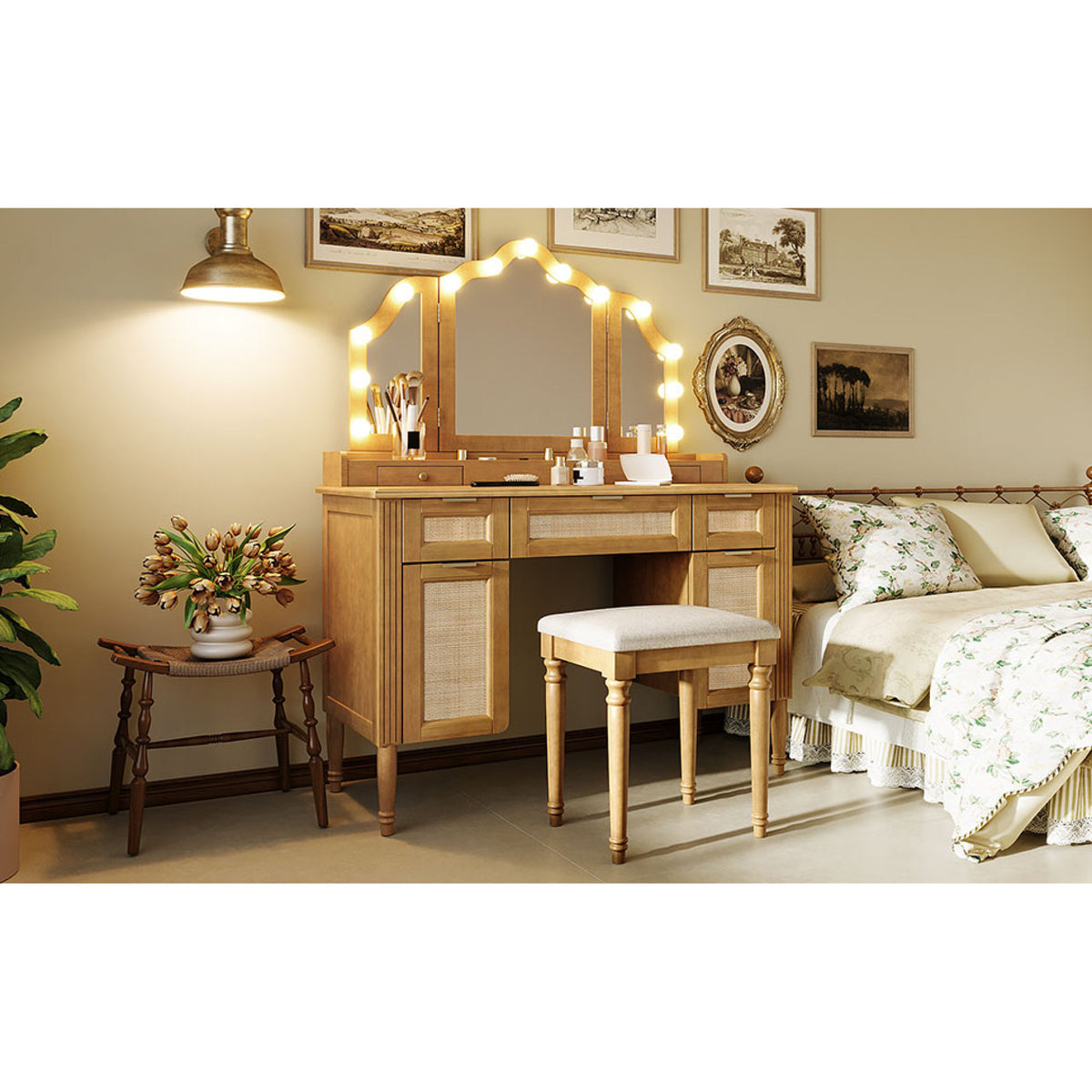 variant-group:rf-n704p342558n|Roomfitters 44-Inch Bohemian Makeup Vanity Desk with 13 Hollywood Bulbs Tri-Fold Mirror and Bamboo Drawers Natural