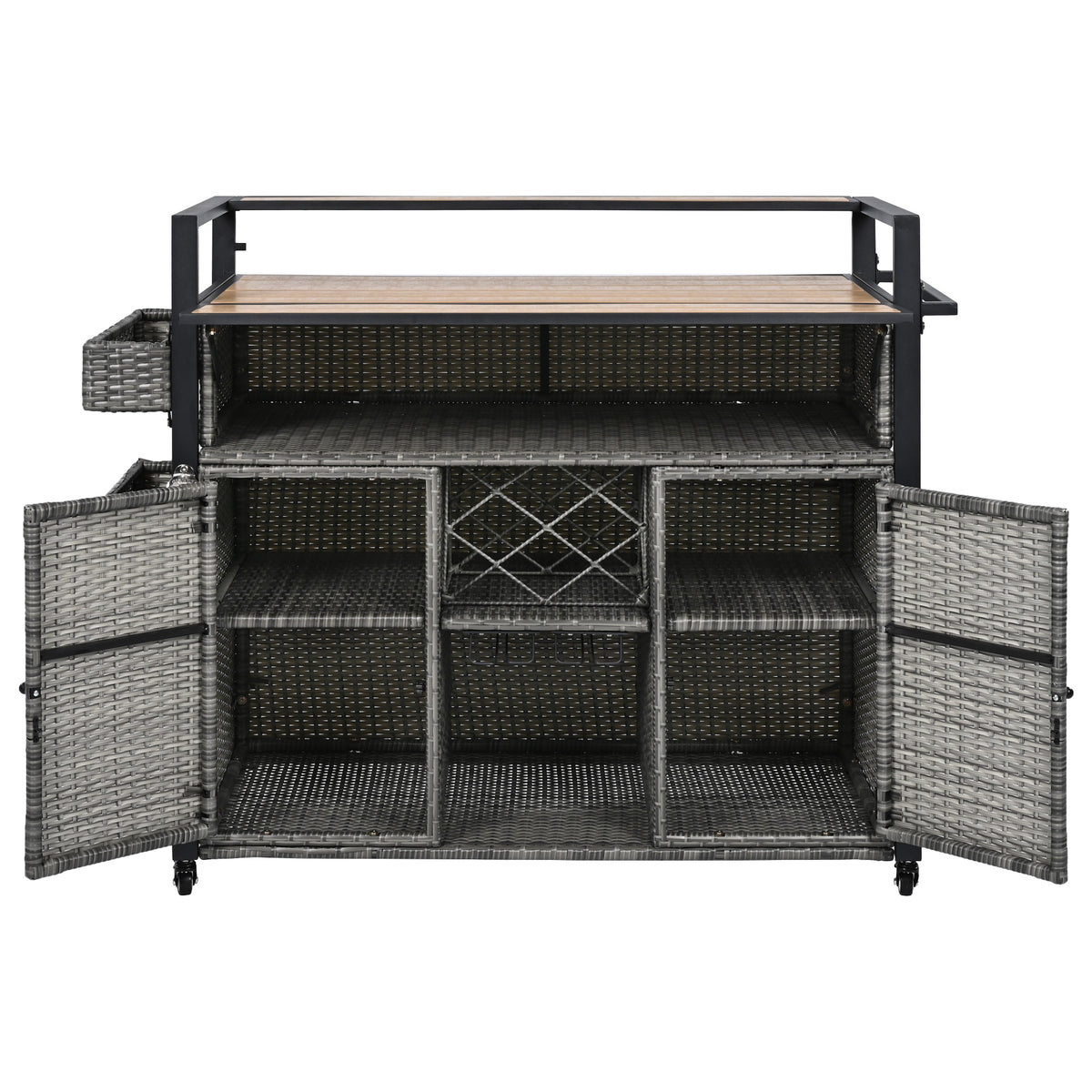 variant-group:rf-n707p233747g|Roomfitters 52.8" Wicker Outdoor Grill Cart with Plastic Wood Table, Rolling Island with Storage Cabinet, Double Handles, Grey