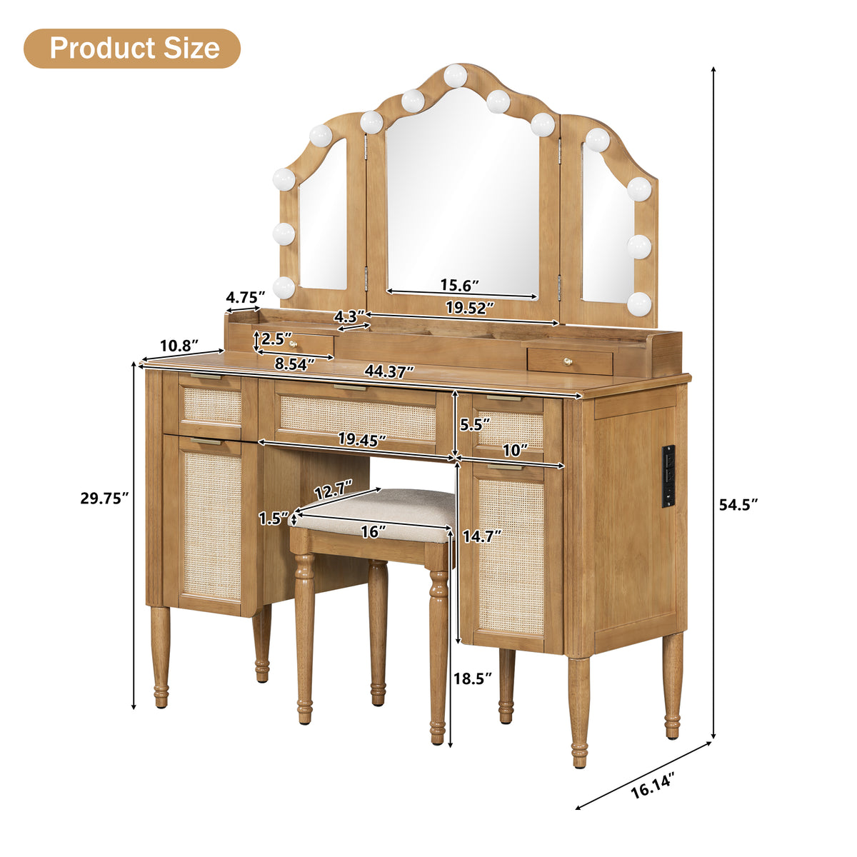 variant-group:rf-n704p342558n|Roomfitters 44-Inch Bohemian Makeup Vanity Desk with 13 Hollywood Bulbs Tri-Fold Mirror and Bamboo Drawers Natural