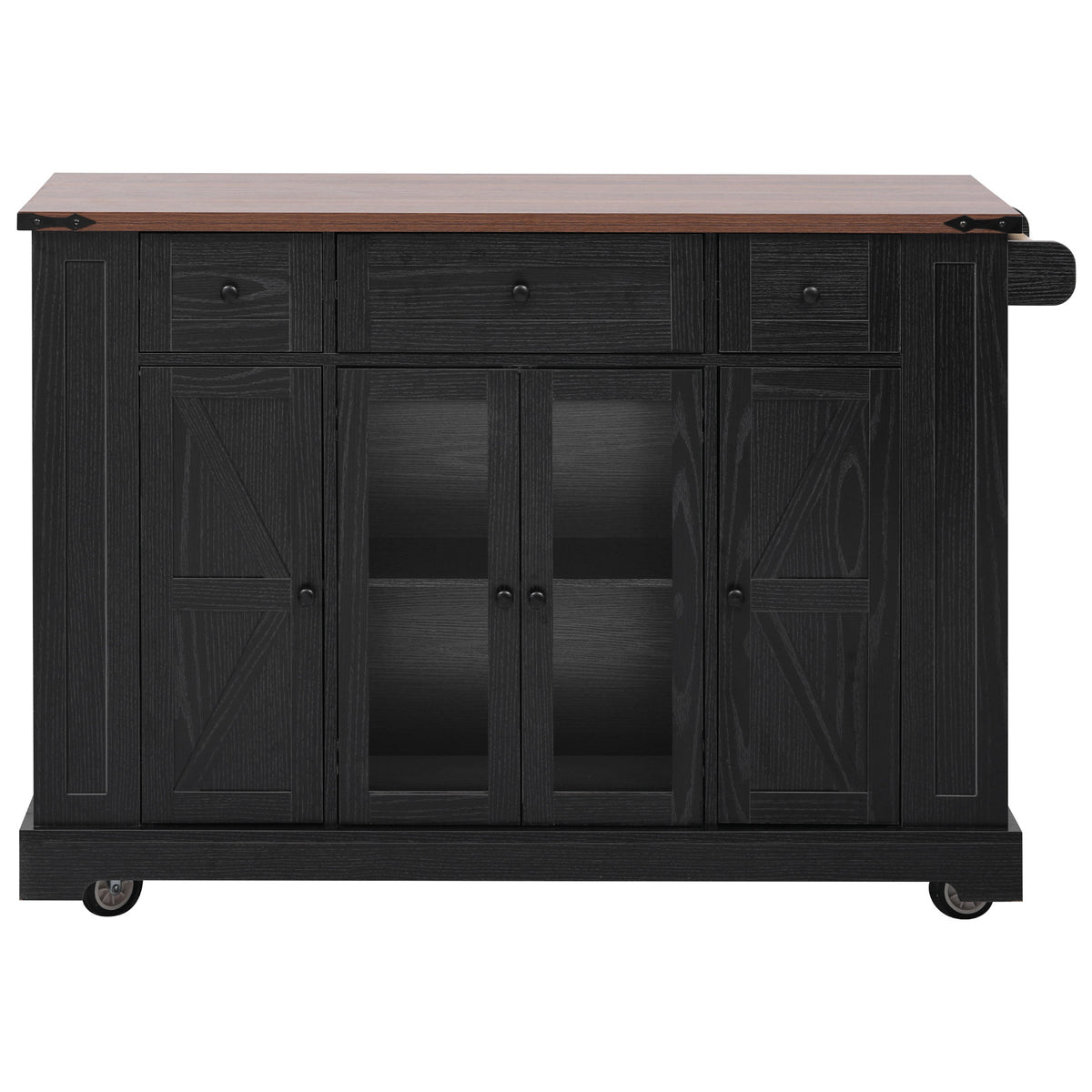 variant-group:rf-n707s263637b|Roomfitters 53" Kitchen Island with Power Outlet, 4 Doors and 3 Drawers, Rolling Storage Cabinet with Glass Doors, Black