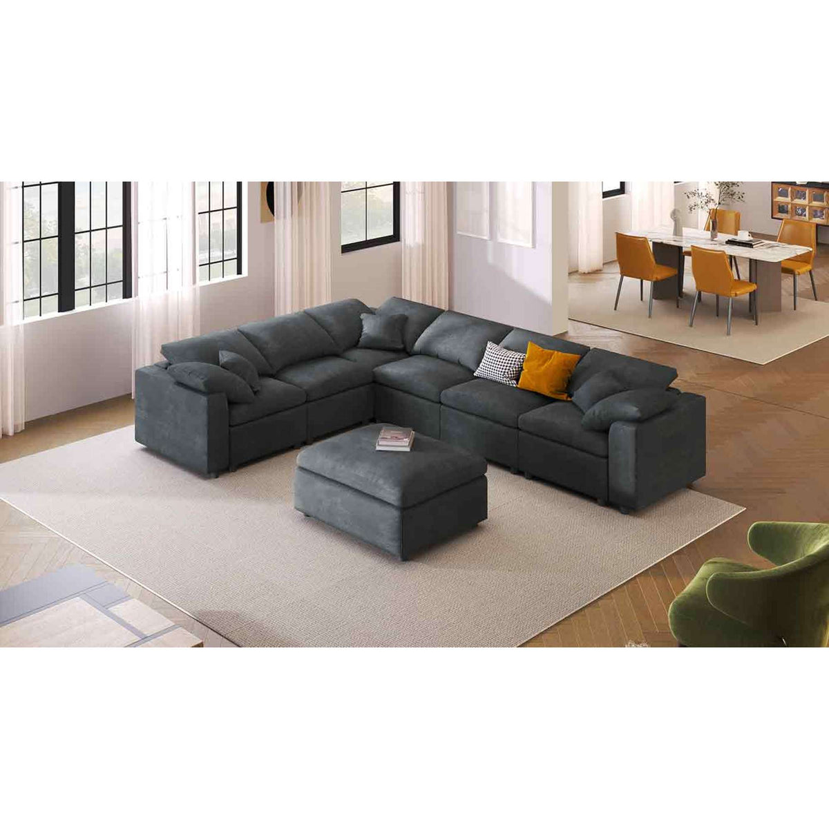 variant-group:rf-n711wy000453aae|Roomfitters 7-Seater Modular Sectional Sofa with Ottoman, Extra Large L-Shape Chenille Upholstered Couch, Gray