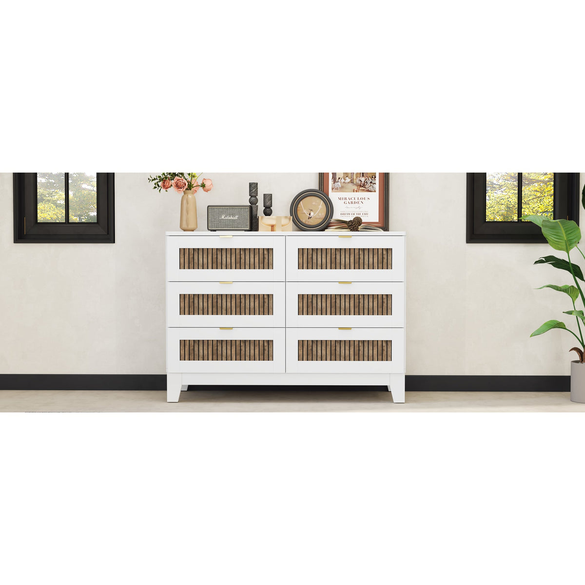 Roomfitters Elegant Dresser with Metal Handles and Glittering Decorative Accents, 6-Drawer Storage Cabinet for Bedroom and Living Room, White