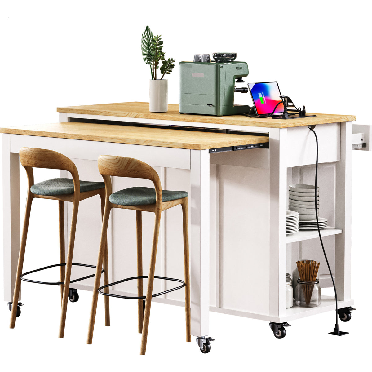 variant-group:rf-n707p215327w|Roomfitters 47" Kitchen Island with Extendable Dining Table, Storage Cabinet, Power Outlet, Rubber Wood Veneer, White