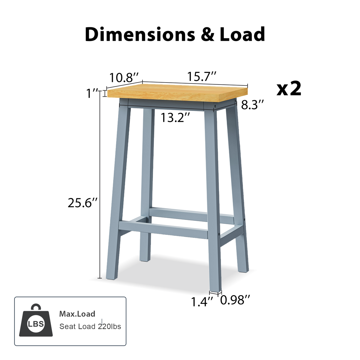 variant-group:rf-n707p185529g|Roomfitters Set of 2 Counter Height Stools, 25.6" A-Frame Solid Wood Bar Stools with Contoured Wood Seat & Footrest, Grey Blue