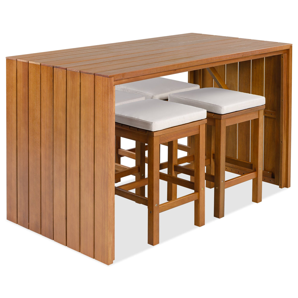 Roomfitters 5 Piece Outdoor Bar Set with High Top Dining Table and 4 Cushioned Backless Stools, Patio Furniture, Beige+Natural Roomfitters
