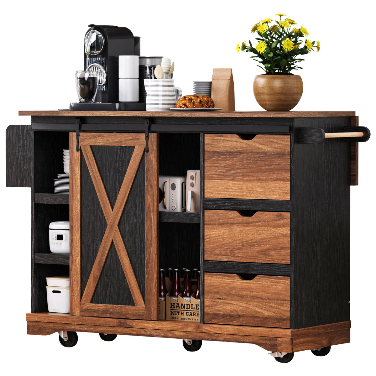 variant-group:rf-n707p288229b|Roomfitters 55.5" Rolling Kitchen Island with Drop Leaf, Mobile Kitchen Storage Cart with Sliding Barn Door, Power Outlets, Black