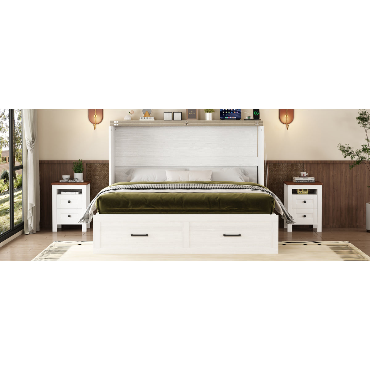 variant-group:rf-n733s361778w|Roomfitters Queen Farmhouse Murphy Cabinet Bed with Charging Station, Foldable Platform Bed with Storage Drawer, White