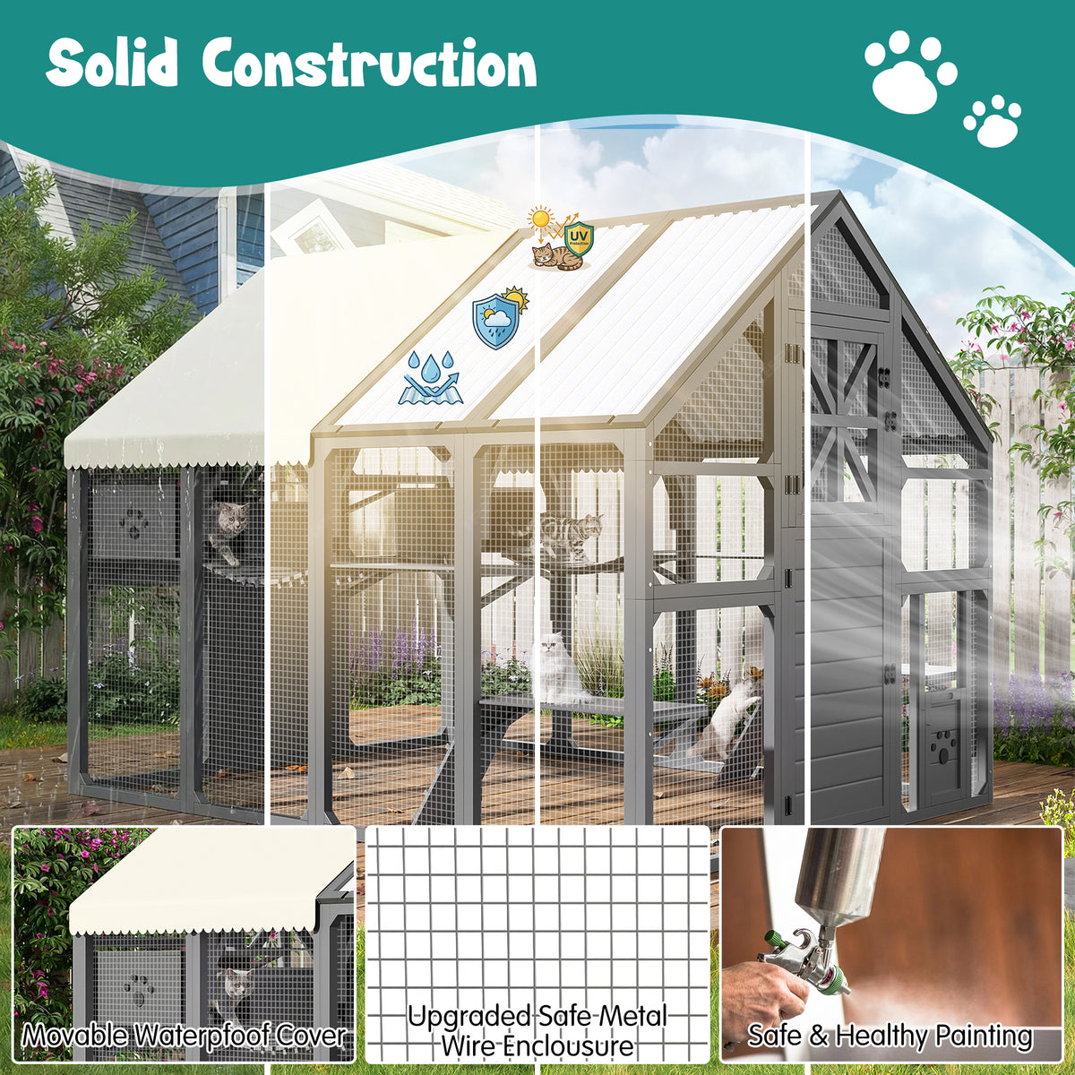 variant-group:rf-n704g201618e|Roomfitters Extra Large Outdoor Catio Cat Enclosure with Cooling PVC Roof and Insulated Boxes Gray