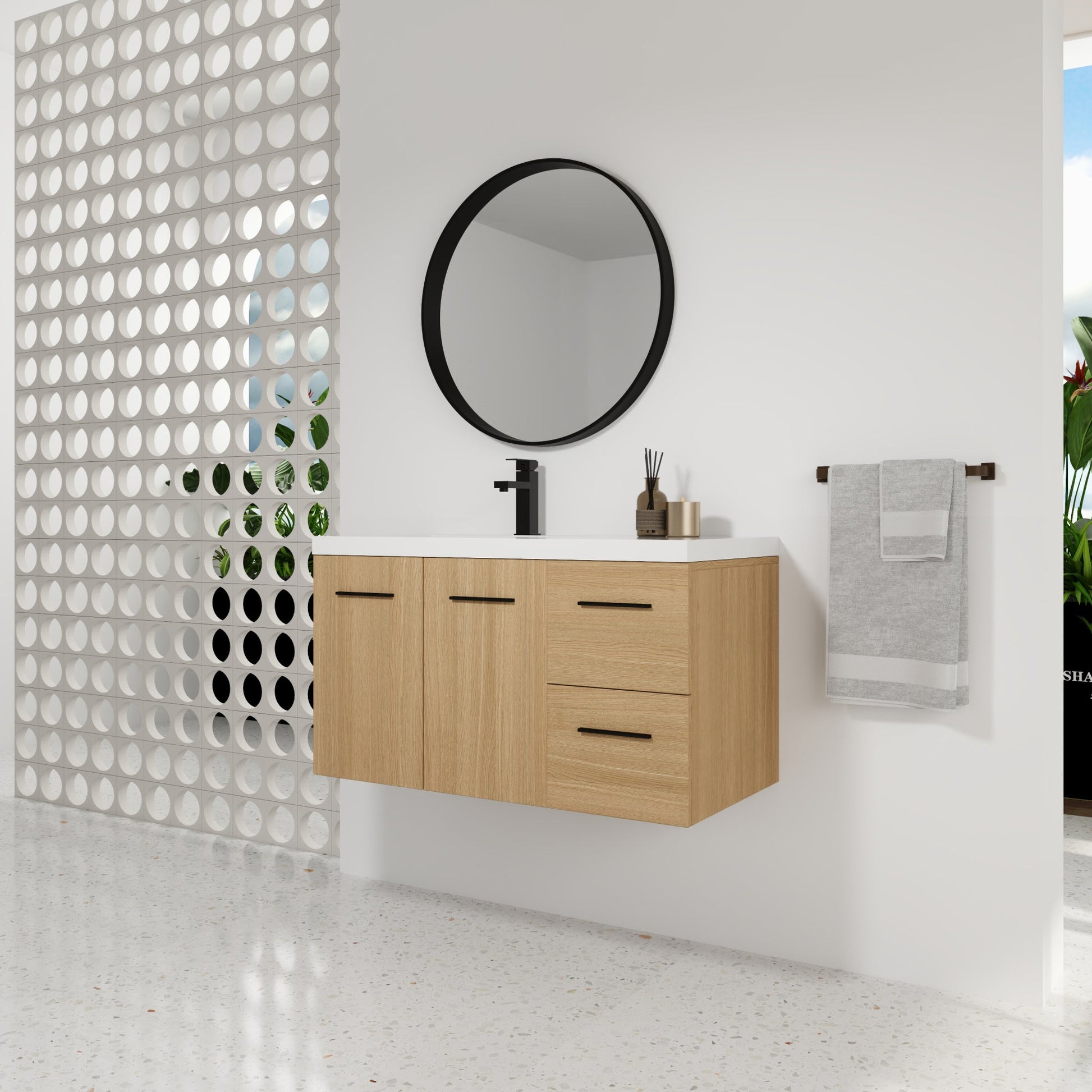 36" Wall-Mounted Floating Bathroom Vanity with Sink, Light Oak, 2-Door & 2-Drawer Modular Cabinet, Gel Coat Sink Top, 3 Boxes Roomfitters