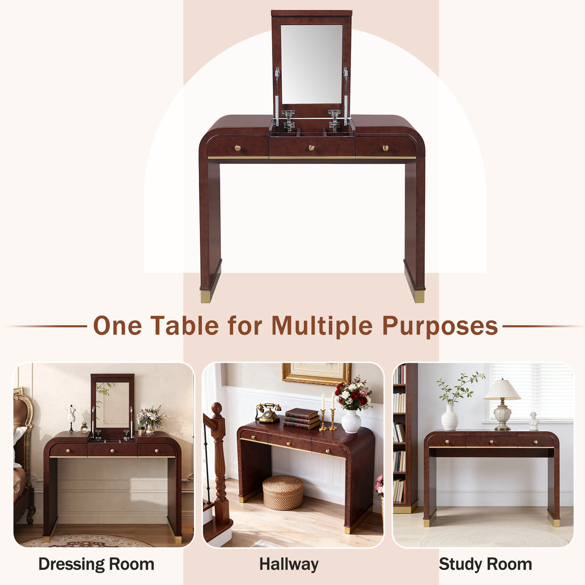 variant-group:rf-n704p381406p|Roomfitters Flip Top Vanity Desk with Mirror and Hidden Storage, Modern Makeup Table with Gold Trim for Small Space, Espresso