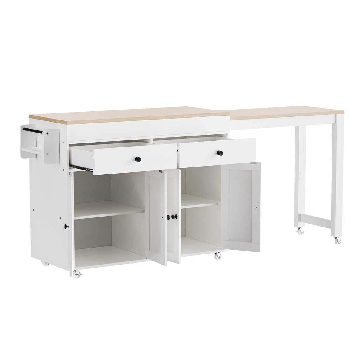 variant-group:rf-n707p333291w|Roomfitters 74.8" Rolling Kitchen Island with Extendable Dining Table, Mobile Cart with 4 Doors, 2 Drawers & Spice Rack, White